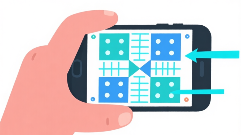 自动生成图片: Ilustrasi minimalis tangan memegang ponsel dengan tampilan game papan digital seperti Ludo di layar, garis-garis arah berwarna biru muda menunjukkan gerakan cepat, latar belakang putih bersih, gaya flat design high quality illustration, detailed, 16:9