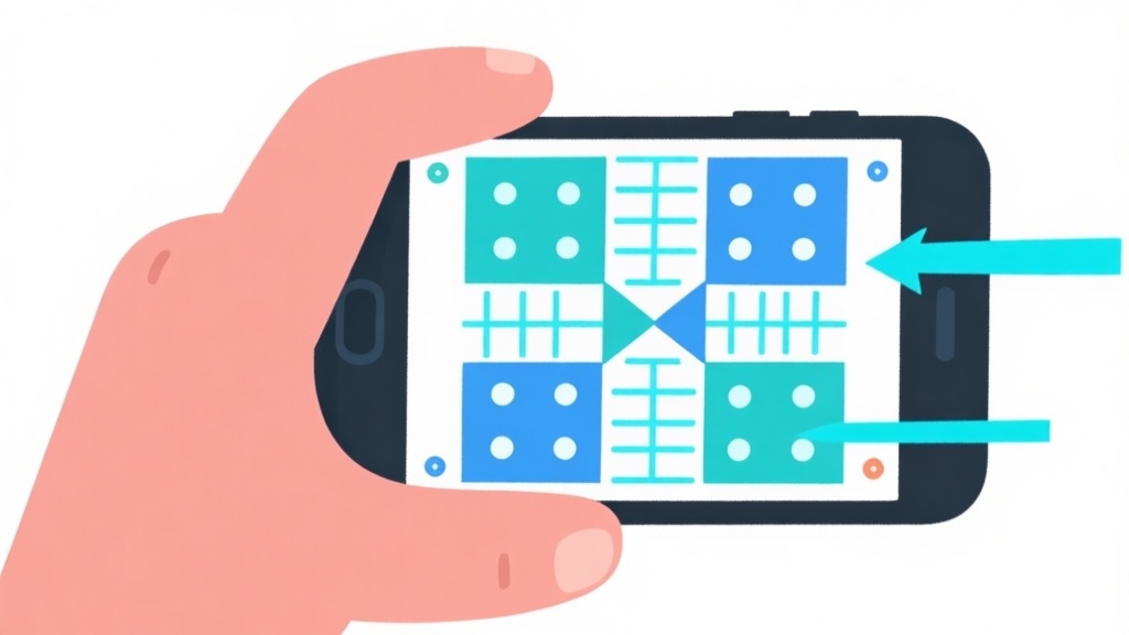 Ilustrasi minimalis tangan memegang ponsel dengan tampilan game papan digital seperti Ludo di layar, garis-garis arah berwarna biru muda menunjukkan gerakan cepat, latar belakang putih bersih, gaya flat design high quality illustration, detailed, 16:9