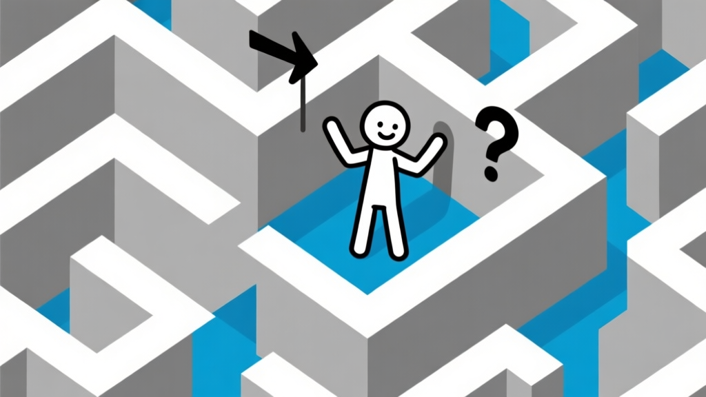 Ilustrasi minimalis karakter stickman terjebak dalam labirin kotak berwarna abu-abu dan biru, dengan panah dan tanda tanya di sekitarnya, gaya flat design yang bersih high quality illustration, detailed, 16:9
