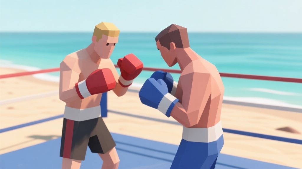 Ilustrasi minimalis karakter game bergaya low-poly sedang bersiap di ring tinju di pantai, dengan warna pasir dan laut yang soft, desain bersih, gaya infografis high quality illustration, detailed, 16:9
