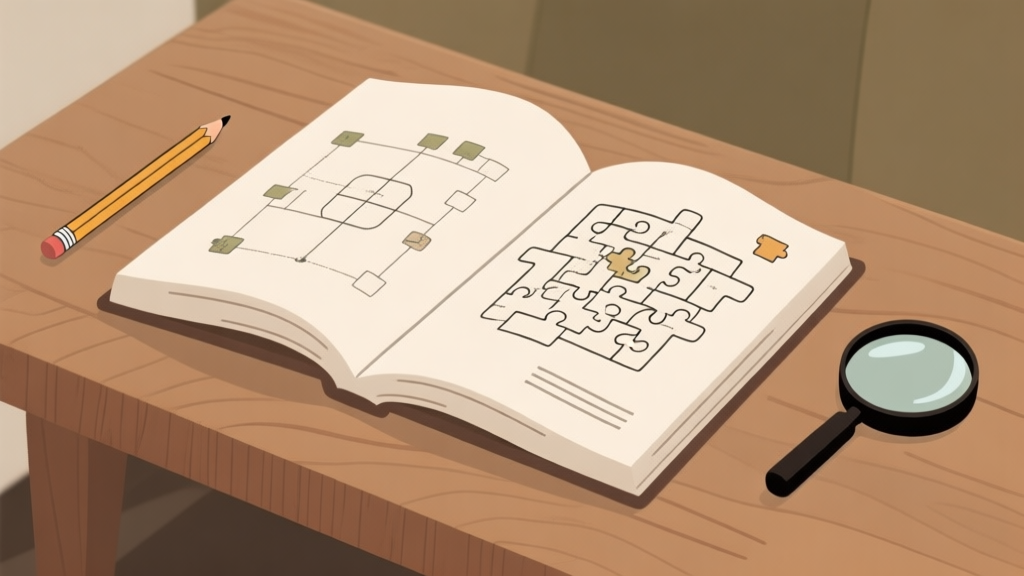 Ilustrasi minimalis buku panduan game terbuka di atas meja kayu, dengan halaman menunjukkan diagram puzzle yang rumit, pensil, dan kaca pembesar. Skema warna earth tone yang tenang, gaya clean line art high quality illustration, detailed, 16:9