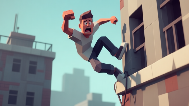 自动生成图片: Ilustrasi karakter game parkour yang terjebak dalam situasi canggung, seperti terpeleset di tepi gedung atau salah mendarat, dengan ekspresi kocok. Gaya game 3D low-poly, warna agak suram untuk menekankan 'kesalahan', komposisi minimalis. high quality illustration, detailed, 16:9