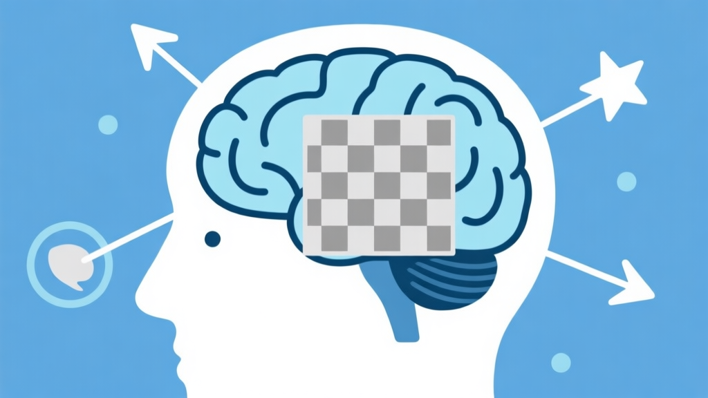 Ilustrasi minimalis otak manusia dengan papan catur di dalamnya, simbol-simbol strategi seperti panah dan bintang terhubung di sekitarnya, skema warna biru muda dan abu-abu, gaya garis bersih high quality illustration, detailed, 16:9