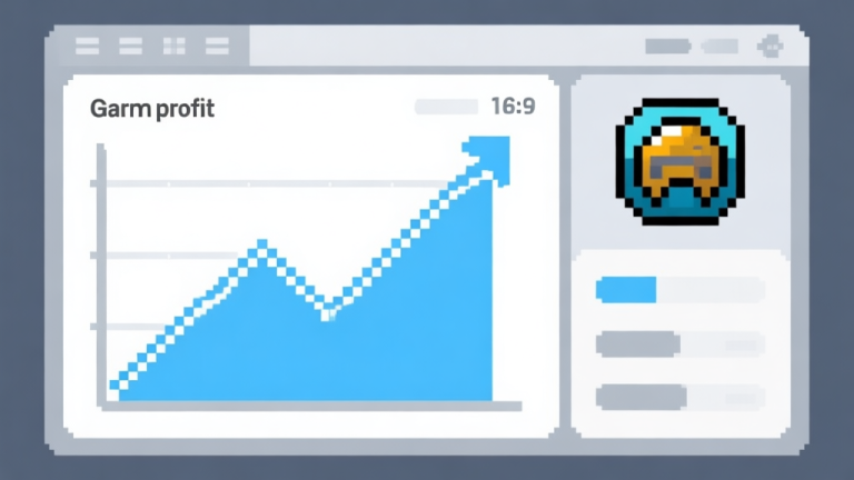 自动生成图片: Ilustrasi grafis minimalis yang menunjukkan grafik garis profit naik tajam di sebelah ikon tambang game pixel art, skema warna biru muda dan abu-abu, desain dashboard yang bersih high quality illustration, detailed, 16:9