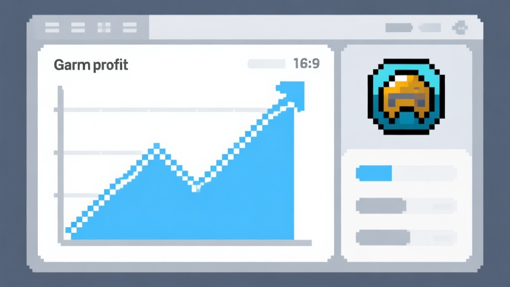 Ilustrasi grafis minimalis yang menunjukkan grafik garis profit naik tajam di sebelah ikon tambang game pixel art, skema warna biru muda dan abu-abu, desain dashboard yang bersih high quality illustration, detailed, 16:9