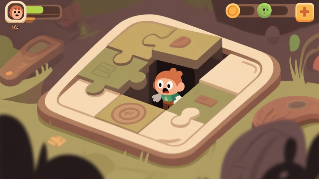 Ilustrasi game puzzle dengan karakter kecil tersembunyi di balik benda, gaya ilustrasi digital yang bersih, warna earth tone, fokus pada elemen pencarian dan kejutan high quality illustration, detailed, 16:9