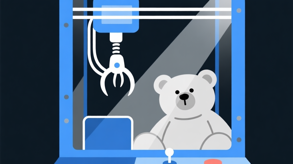 Ilustrasi minimalis mesin claw machine dengan cakar sedang menurun ke arah boneka beruang, latar belakang gelap dengan sorotan cahaya pada cakar, gaya garis tipis dan bersih, nuansa biru dan abu-abu high quality illustration, detailed, 16:9