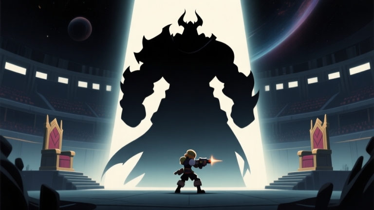 自动生成图片: Ilustrasi siluet karakter besar dan misterius (Final Boss) berseberangan dengan karakter player kecil yang bersiap, di latar ruang takhta atau arena kosmik, nuansa gelap dengan aksen cahaya dramatis, gaya seni konsep game minimalis high quality illustration, detailed, 16:9