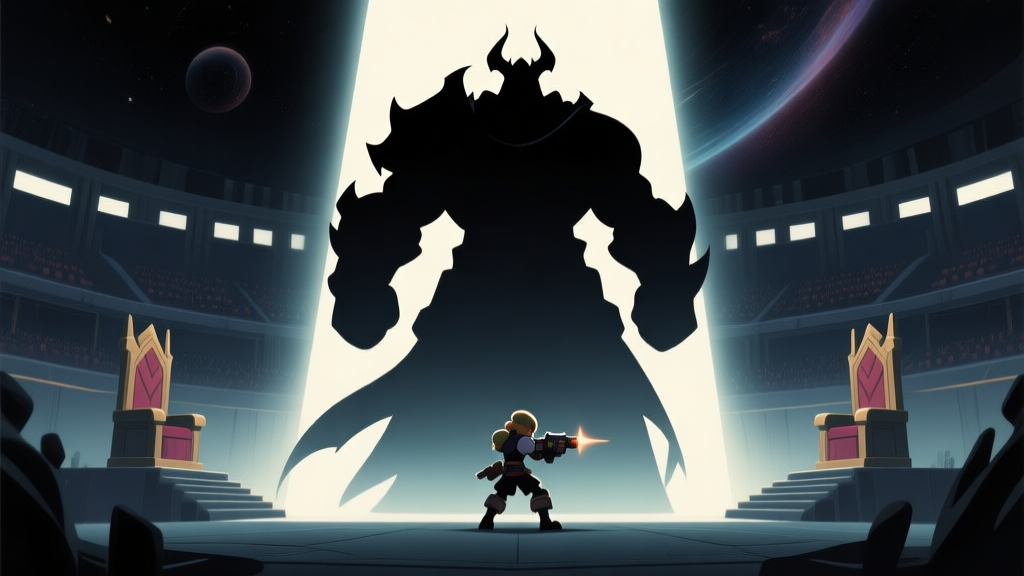 Ilustrasi siluet karakter besar dan misterius (Final Boss) berseberangan dengan karakter player kecil yang bersiap, di latar ruang takhta atau arena kosmik, nuansa gelap dengan aksen cahaya dramatis, gaya seni konsep game minimalis high quality illustration, detailed, 16:9