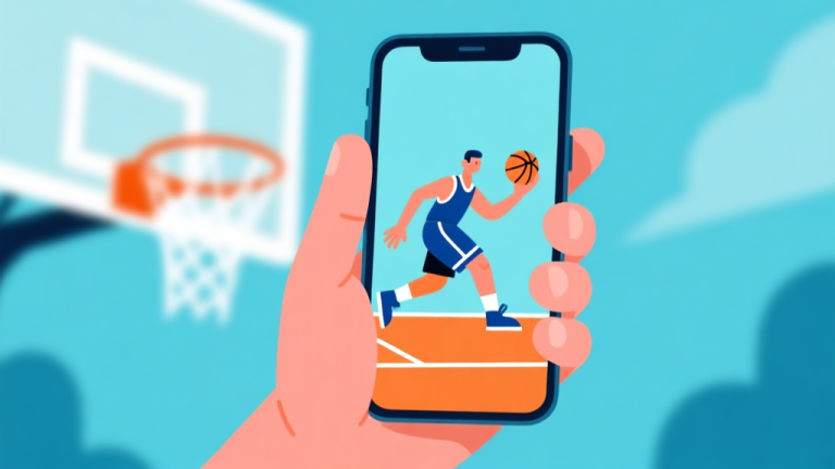 自动生成图片: Ilustrasi minimalis tangan memegang ponsel dengan layar menunjukkan karakter basket sedang melakukan crossover dribble, latar belakang blur dengan ring basket, warna dominan biru muda dan oranye, gaya clean vector high quality illustration, detailed, 16:9