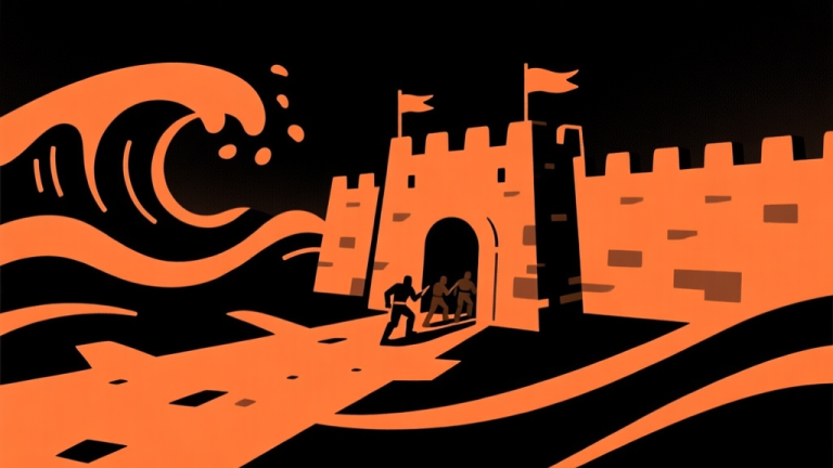 自动生成图片: Ilustrasi minimalis gelombang musuh abstrak yang mendekati benteng kecil, warna gelap dan oranye, gaya game survival, desain bersih dan dramatis high quality illustration, detailed, 16:9