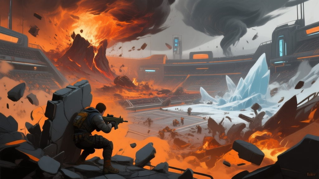 Ilustrasi gaya game dengan arena futuristik yang kacau, menunjukkan berbagai zona bencana seperti gempa bumi, badai api, dan badai es terjadi bersamaan, dengan karakter pemain berlindung di balik puing-puing, warna dominan oranye dan abu-abu gelap, gaya seni konsep game yang dinamis high quality illustration, detailed, 16:9