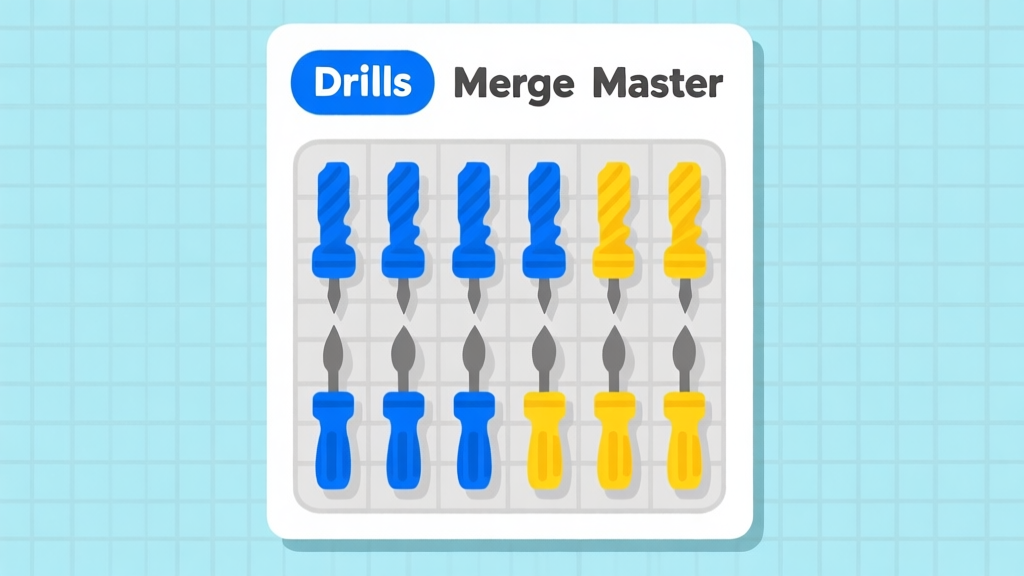 Ilustrasi minimalis papan game Drills Merge Master dengan bor-bor berwarna biru dan kuning tersusun rapi, latar belakang grid sederhana, gaya desain clean, skema warna biru muda dan abu-abu high quality illustration, detailed, 16:9