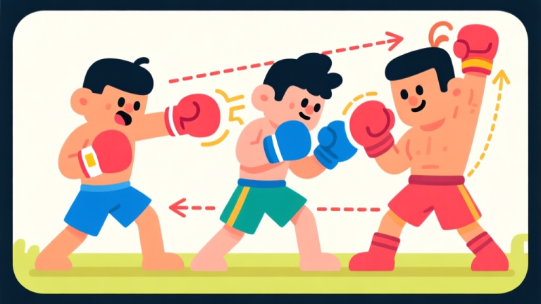 自动生成图片: Ilustrasi karakter game bergaya kartun sedang melakukan tiga jenis pukulan tinju dasar (jab lurus, hook melingkar, uppercut ke atas) dengan garis gerak yang menunjukkan arah pukulan, latar belakang sederhana, warna cerah dan menyenangkan, gaya desain game mobile high quality illustration, detailed, 16:9