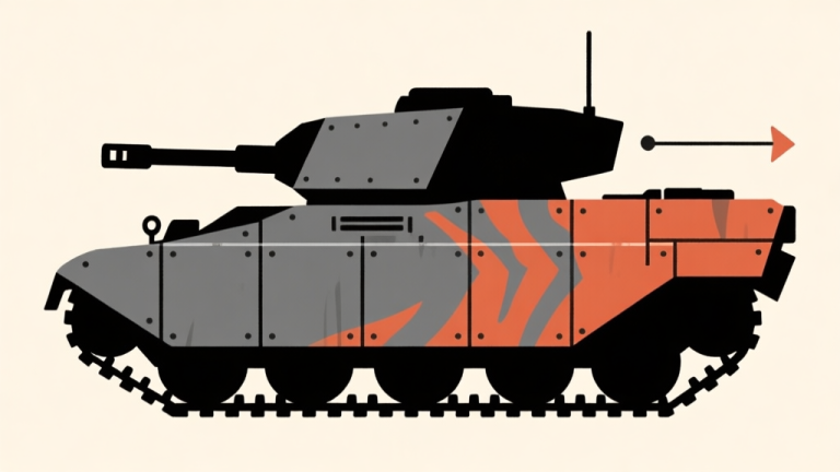 自动生成图片: Ilustrasi minimalis siluet Tiger Tank dengan lapisan baja tebal yang disorot, skema warna abu-abu baja dan oranye redup, desain bersih dengan panah yang menunjukkan titik lemah (sisi dan belakang), gaya diagram teknis game high quality illustration, detailed, 16:9