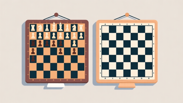 自动生成图片: Ilustrasi dua papan catur digital yang kontras, satu dengan antarmuka ramai dan berwarna, satu dengan desain minimalis dan bersih, diletakkan berdampingan dengan latar belakang netral, gaya grafis digital minimalis high quality illustration, detailed, 16:9