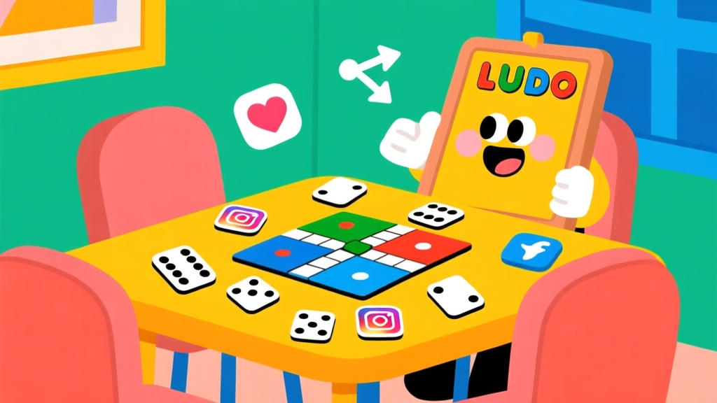 Ilustrasi kartun lucu dengan papan Ludo dan kartu domino berserakan di atas meja, ditambah ikon-ikon media sosial seperti tanda hati dan panah share yang melayang, gaya flat design dengan warna-warna cerah namun tidak mencolok, suasana santai dan kreatif high quality illustration, detailed, 16:9
