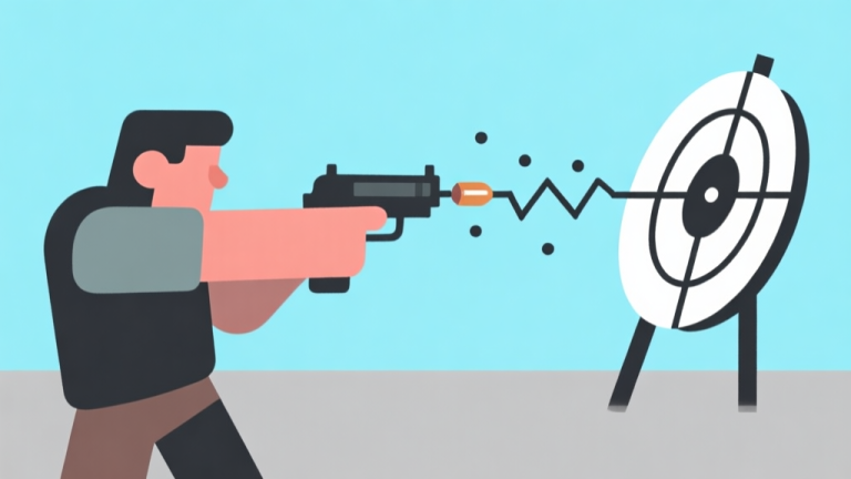 自动生成图片: Ilustrasi minimalis karakter game stylized sedang membidik, dengan garis lintasan peluru yang terputus-putus dan titik-titik target, latar belakang sederhana dengan warna biru muda dan abu-abu, gaya clean vector high quality illustration, detailed, 16:9