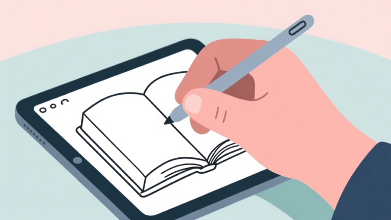 自动生成图片: Ilustrasi minimalis tangan memegang stylus digital di atas tablet, dengan palet warna sederhana dan garis-garis gambar buku mewarnai yang belum diwarnai di latar belakang, warna pastel lembut, gaya clean dan modern high quality illustration, detailed, 16:9