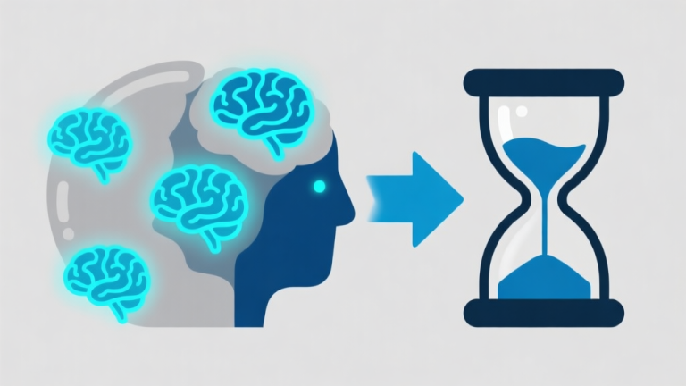 自动生成图片: Ilustrasi minimalis dengan beberapa ikon otak yang menyala di sebelah ikon jam pasir, dengan panah yang menunjukkan siklus cepat, skema warna biru muda dan abu-abu, gaya desain bersih, menggambarkan konsep berpikir di bawah tekanan waktu. high quality illustration, detailed, 16:9