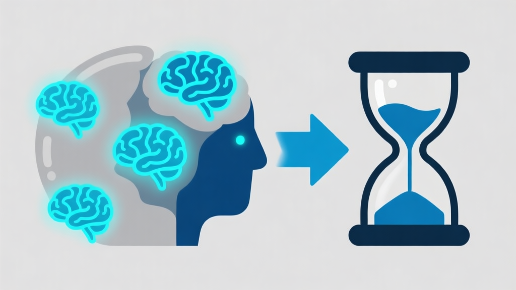Ilustrasi minimalis dengan beberapa ikon otak yang menyala di sebelah ikon jam pasir, dengan panah yang menunjukkan siklus cepat, skema warna biru muda dan abu-abu, gaya desain bersih, menggambarkan konsep berpikir di bawah tekanan waktu. high quality illustration, detailed, 16:9