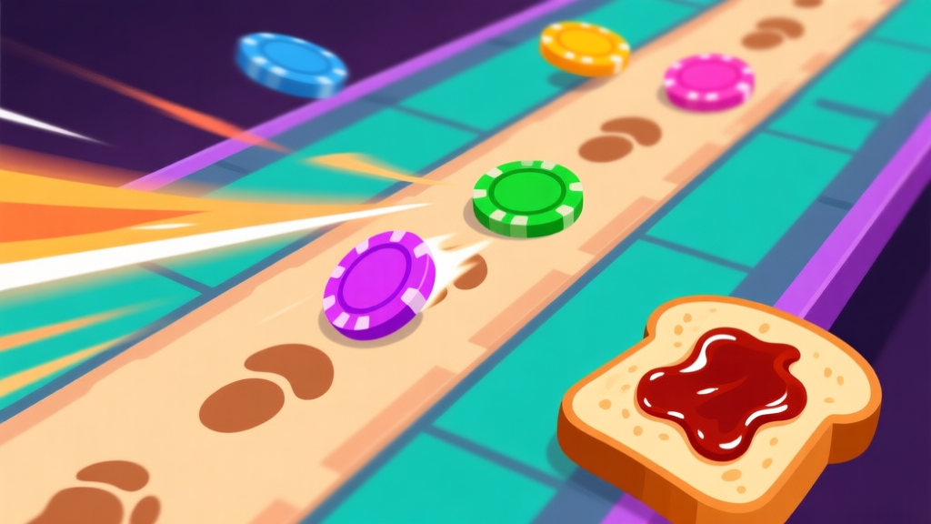 Ilustrasi gaya game papan digital, menunjukkan token berwarna-warni bergerak cepat di atas lintasan dengan jejak efek visual seperti roti bakar dan selai berkilauan, warna cerah namun tidak terlalu tajam, desain minimalis yang fokus pada aksi high quality illustration, detailed, 16:9