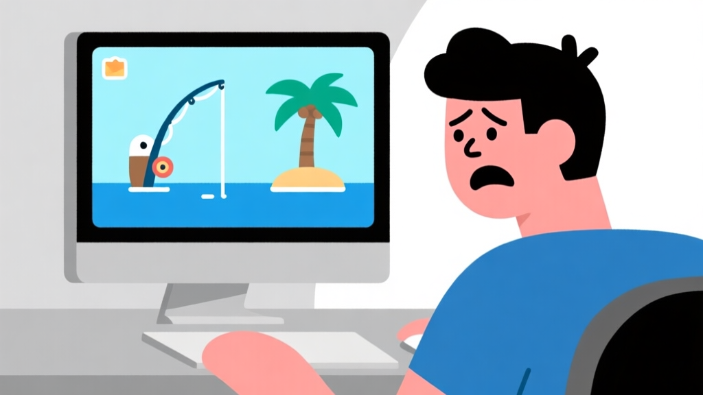 Ilustrasi minimalis seorang pemain game dengan ekspresi bingung di depan layar komputer yang menampilkan ikon pancing dan tropi, skema warna biru muda dan abu-abu, gaya flat design yang bersih high quality illustration, detailed, 16:9