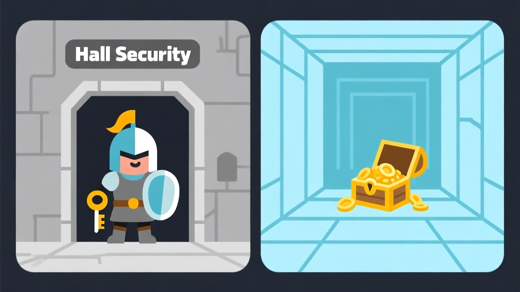 Ilustrasi minimalis dua sisi: satu sisi menunjukkan karakter stylized dengan perisai dan kunci di depan lorong (Hall Security), sisi lain menunjukkan area dalam dengan harta karun, digambarkan dengan garis-garis bersih dan warna biru muda dan abu-abu, gaya konsep game strategi high quality illustration, detailed, 16:9