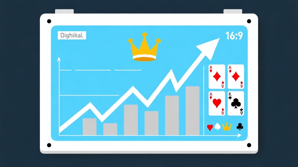 Ilustrasi minimalis papan skor turnamen digital dengan grafik garis yang naik tajam, skema warna biru muda dan abu-abu, desain bersih dengan ikon mahkota dan kartu remi yang tersusun rapi, gaya infografis profesional high quality illustration, detailed, 16:9