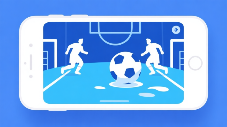 自动生成图片: Ilustrasi minimalis dari ponsel dengan layar menampilkan antarmuka game sepak bola abstrak, menunjukkan ikon pemain dan bola cair, skema warna biru dan putih yang bersih, desain datar dan modern high quality illustration, detailed, 16:9
