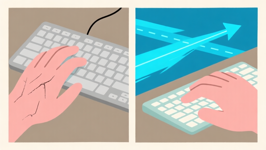 Ilustrasi minimalis dua panel kontras. Panel kiri: tangan di atas keyboard dengan garis-garis kusut berwarna abu-abu yang melambangkan kebingungan. Panel kanan: tangan di atas keyboard dengan jalur cahaya biru yang teratur dan cepat menuju target. Warna tanah dan biru muda, gaya garis bersih. high quality illustration, detailed, 16:9