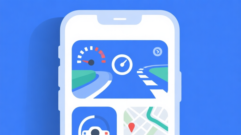 自动生成图片: Ilustrasi minimalis layar smartphone dengan antarmuka game balap yang bersih, menunjukkan ikon-ikon sederhana seperti speedometer, tombol gas, dan peta mini, dengan warna dominan biru dan putih, gaya desain flat modern high quality illustration, detailed, 16:9