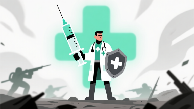 自动生成图片: Ilustrasi karakter game stylized dengan tema dokter-pahlawan, memegang syringe besar dan perisai kecil, berdiri di tengah medan perang abstrak dengan efek healing berwarna hijau lembut dan simbol plus (+), gaya minimalis, warna dominan putih, hijau pastel, dan abu-abu, komposisi clean high quality illustration, detailed, 16:9