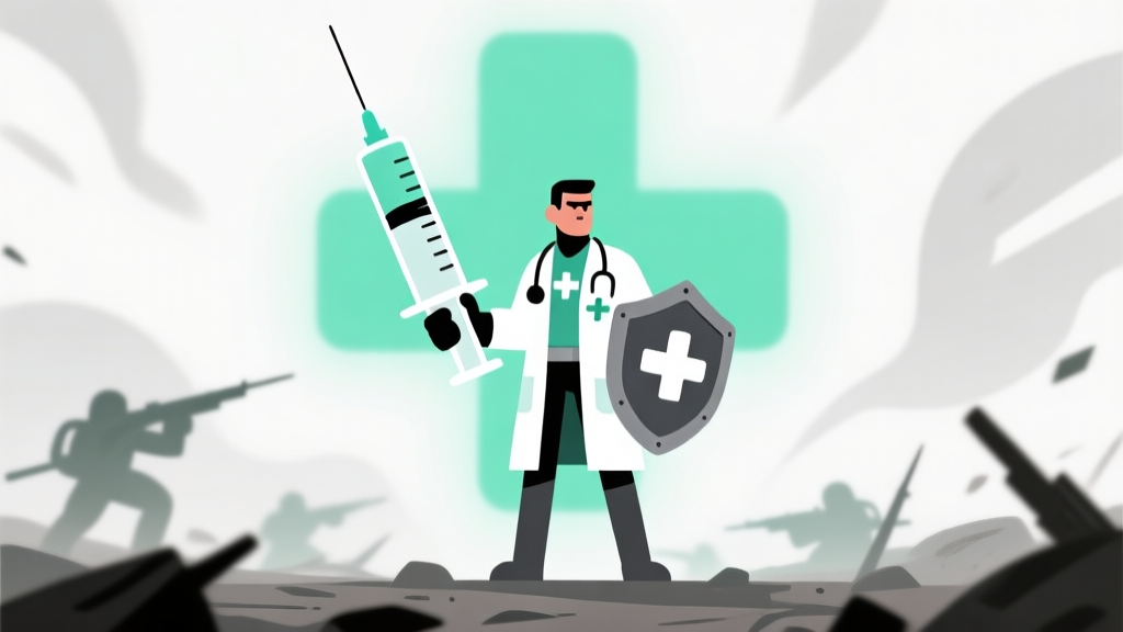 Ilustrasi karakter game stylized dengan tema dokter-pahlawan, memegang syringe besar dan perisai kecil, berdiri di tengah medan perang abstrak dengan efek healing berwarna hijau lembut dan simbol plus (+), gaya minimalis, warna dominan putih, hijau pastel, dan abu-abu, komposisi clean high quality illustration, detailed, 16:9