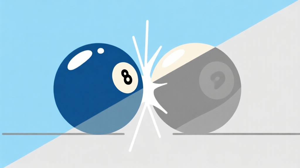Ilustrasi minimalis dua bola biliar yang bertabrakan dengan garis lintasan yang jelas, skema warna biru muda dan abu-abu, desain bersih dengan elemen vektor, menunjukkan konsep sudut pantulan yang sederhana high quality illustration, detailed, 16:9