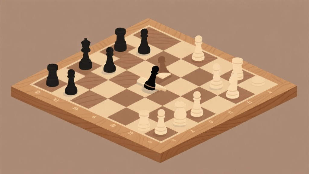 Ilustrasi minimalis papan catur checkers dengan beberapa bidak dalam posisi tengah permainan yang kompleks, sorotan pada satu bidak yang sedang melakukan lompatan ganda, warna tanah dan kayu, gaya flat design yang bersih high quality illustration, detailed, 16:9