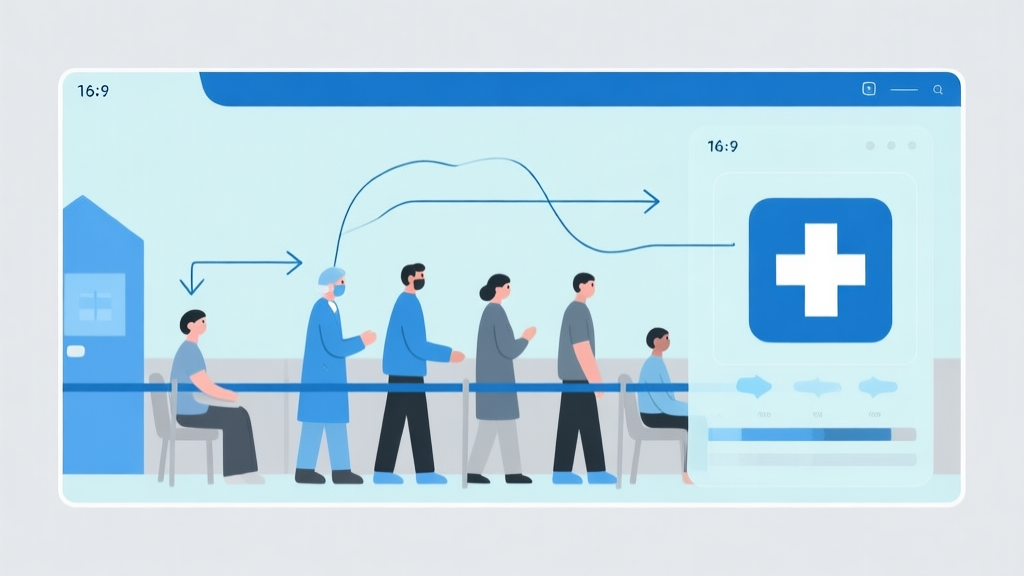 Ilustrasi minimalis antrian rumah sakit virtual dengan ikon pasien menunggu, garis panah yang menunjukkan alur yang kacau, skema warna biru muda dan abu-abu, desain dashboard yang bersih high quality illustration, detailed, 16:9