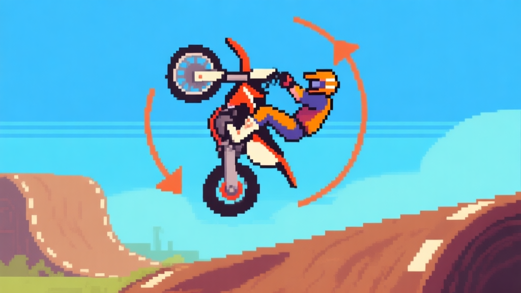 Ilustrasi gaya game pixel art yang menunjukkan pemain motorcross di udara, sedang melakukan backflip setengah putaran, dengan panah melingkar menunjukkan arah rotasi, latar belakang lintasan dan langit biru sederhana, gaya visual yang mirip dengan Mad Skills Motocross 2 high quality illustration, detailed, 16:9