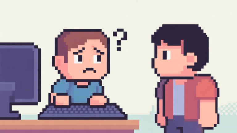 自动生成图片: Ilustrasi minimalis dua karakter game pixel art sedang berhadapan, satu karakter terlihat bingung dengan keyboard di depannya, latar belakang sederhana dengan warna pastel lembut, gaya visual clean untuk game edukasi high quality illustration, detailed, 16:9