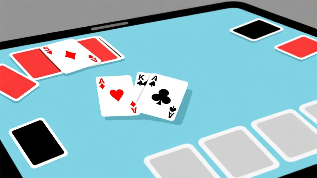 Ilustrasi minimalis dari layar permainan Solitaire Klondike 2 yang menunjukkan kebuntuan kartu, dengan beberapa kartu berwarna merah dan hitam tersusun rapi namun terlihat jalan buntu, skema warna biru muda dan abu-abu, desain bersih dan datar high quality illustration, detailed, 16:9