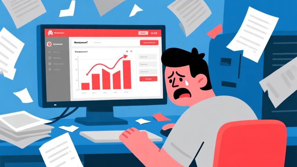 Ilustrasi kartun yang menunjukkan karakter pemain game terlihat frustrasi di depan layar komputer yang menampilkan antarmuka game manajemen kantor yang berantakan, dengan kertas berserakan dan grafik merah, gaya flat design dengan warna biru dan abu-abu yang dominan high quality illustration, detailed, 16:9