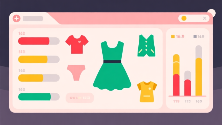自动生成图片: Ilustrasi minimalis dari sebuah dashboard game dress-up dengan beberapa bar meter berwarna berbeda (merah, kuning, hijau) dan ikon pakaian yang tersebar, skema warna pastel lembut, gaya desain bersih dan geometris, konsep visualisasi data game high quality illustration, detailed, 16:9