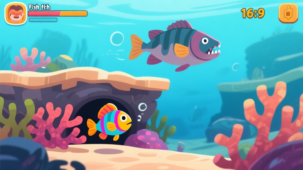 Ilustrasi digital game Fish Eat Fish yang menunjukkan ikan kecil berwarna cerah sedang bersembunyi di balik karang dari ikan predator besar yang berenang di atasnya, dengan tampilan ukuran dan level yang kontras, gaya ilustrasi game mobile yang bersih dan warna-warni high quality illustration, detailed, 16:9