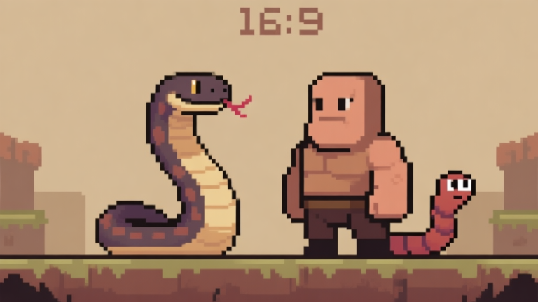 自动生成图片: Ilustrasi dua karakter game yang kontras, satu figur ramping dan gesit (ular) dan satu figur pendek dan kokoh (cacing), berdiri di arena pixel-art yang sederhana, skema warna earth tone, gaya minimalis game retro high quality illustration, detailed, 16:9