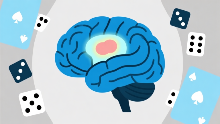 自动生成图片: Ilustrasi diagram otak sederhana dengan bagian amygdala menyala, dikelilingi ikon dadu dan kartu domino, skema warna biru muda dan abu-abu, gaya flat design minimalis high quality illustration, detailed, 16:9
