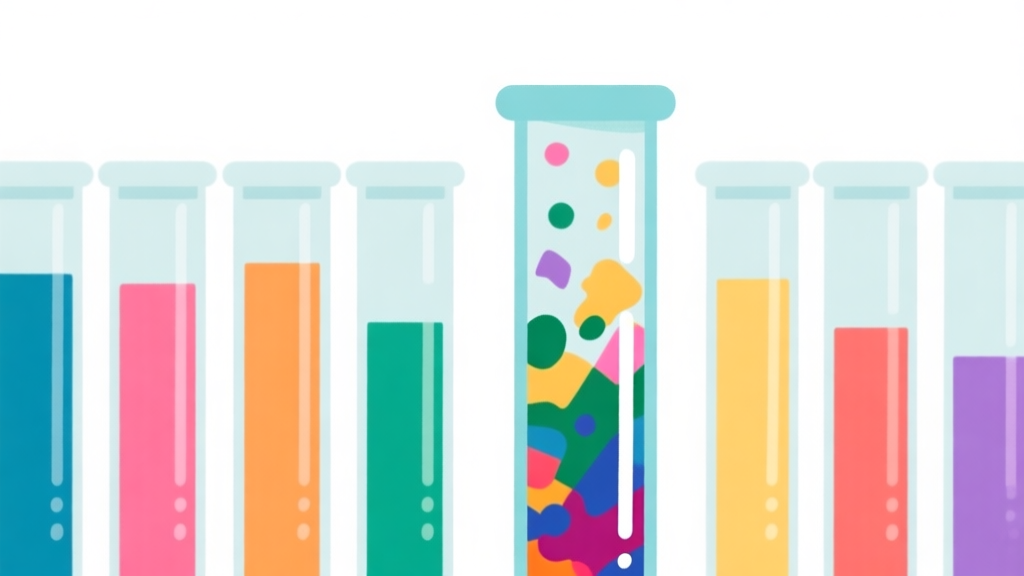 Ilustrasi minimalis beberapa tabung reaksi kaca berisi cairan warna-warni yang teratur, dengan satu tabung menunjukkan percampuran warna yang kacau, latar belakang putih bersih, gaya flat design high quality illustration, detailed, 16:9
