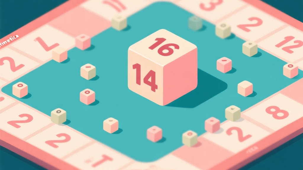 Ilustrasi papan permainan Arithmetica dengan angka-angka kecil (2,4,8) tersebar, dan satu blok 16 yang besar disorot. Gaya flat design dengan warna pastel, fokus pada kontras antara blok besar dan kecil. high quality illustration, detailed, 16:9