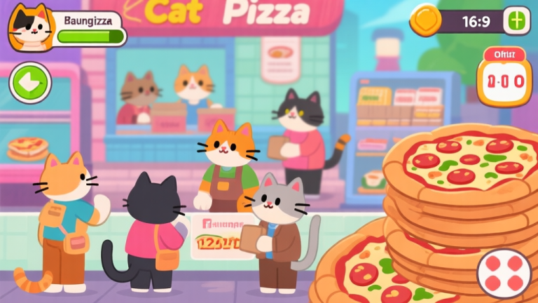 自动生成图片: Ilustrasi game Cat Pizza yang sibuk dengan beberapa kucing pelanggan menunggu, order pizza bertumpuk di sisi layar, dan timer yang hampir habis, dalam gaya ilustrasi game mobile yang colorful dan playful high quality illustration, detailed, 16:9