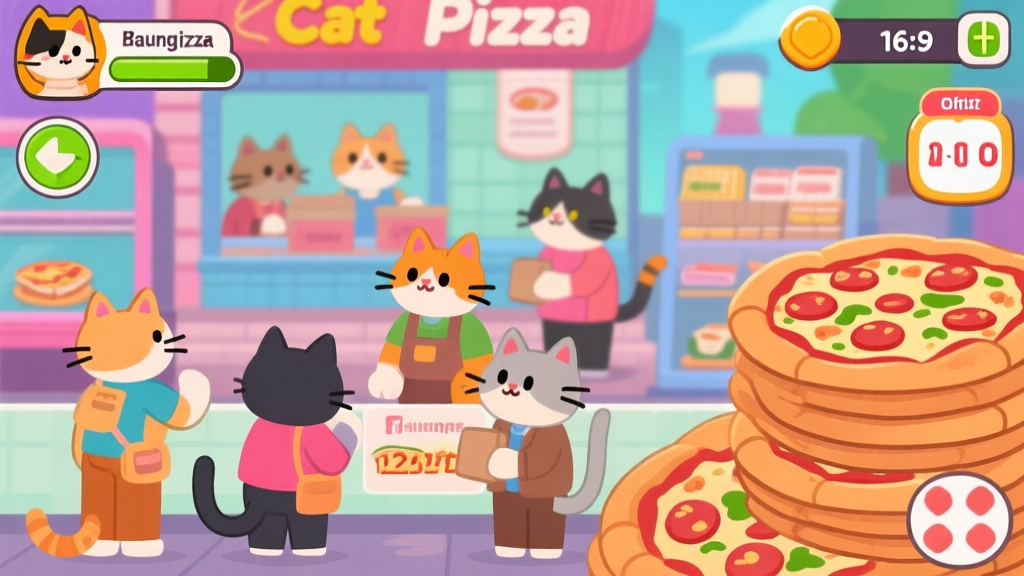 Ilustrasi game Cat Pizza yang sibuk dengan beberapa kucing pelanggan menunggu, order pizza bertumpuk di sisi layar, dan timer yang hampir habis, dalam gaya ilustrasi game mobile yang colorful dan playful high quality illustration, detailed, 16:9