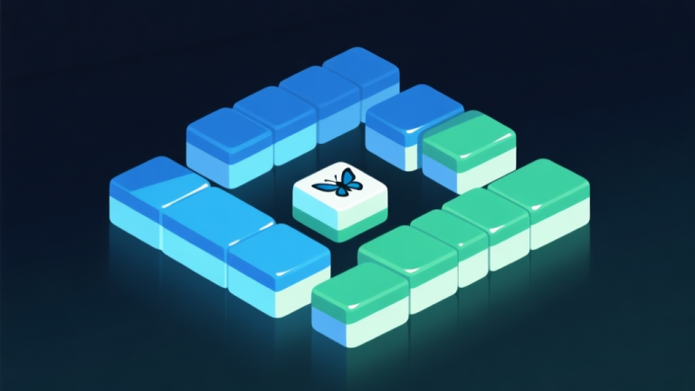 自动生成图片: Komposisi abstrak ubin mahjong modern dengan kilatan cahaya kunang-kunang berwarna biru lembut dan hijau, gaya minimalis bersih, latar belakang gelap, ilustrasi konsep game digital high quality illustration, detailed, 16:9